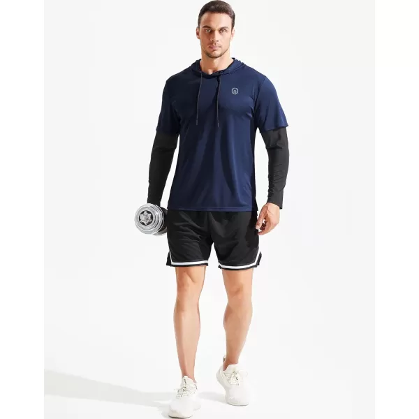 NELEUS Mens Dry Fit Athletic Workout Running Shirts Long Sleeve with Hoods5124 2 PackredNavy Blue