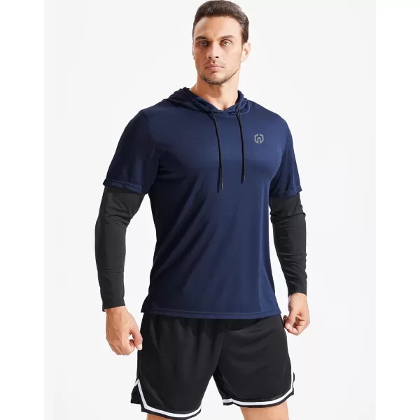 NELEUS Mens Dry Fit Athletic Workout Running Shirts Long Sleeve with Hoods5124 2 PackredNavy Blue