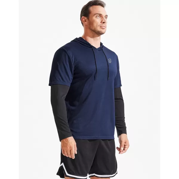 NELEUS Mens Dry Fit Athletic Workout Running Shirts Long Sleeve with Hoods5124 2 PackredNavy Blue