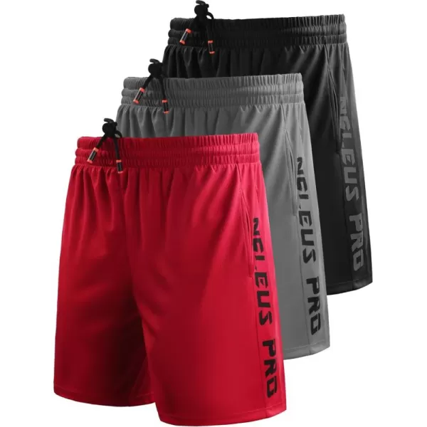 NELEUS Mens Lightweight Workout Athletic Shorts with Pockets6056 BlackGreyRed 3 Pack