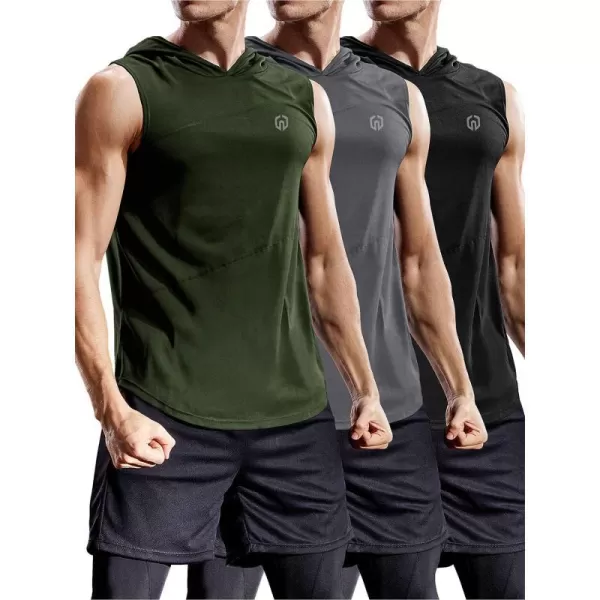 NELEUS Dry Fit Workout Athletic Muscle Tank with Hoods Pack of 35036 3 Packblackgreyolive Green