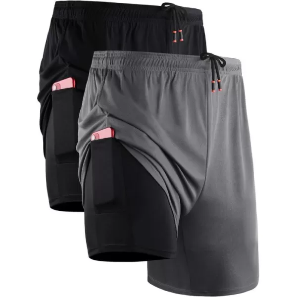 NELEUS Mens 2 in 1 Running Shorts with LinerDry Fit Workout Shorts with Pockets6070 BlackGrey2 Pack