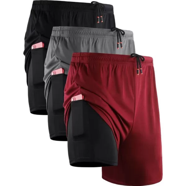 NELEUS Mens 2 in 1 Running Shorts with LinerDry Fit Workout Shorts with Pockets6070 BlackGreyRed3 Pack