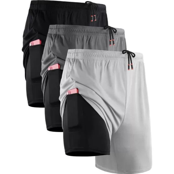 NELEUS Mens 2 in 1 Running Shorts with LinerDry Fit Workout Shorts with Pockets6070 BlackGreyWhite3 Pack