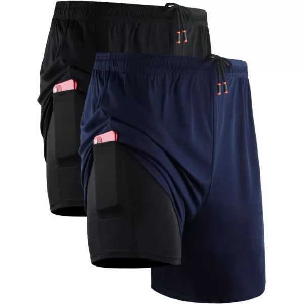 NELEUS Mens 2 in 1 Running Shorts with LinerDry Fit Workout Shorts with Pockets6070 BlackNavy Blue2 Pack