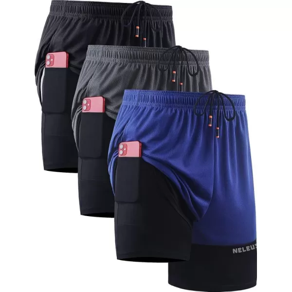 NELEUS Mens 2 in 1 Running Shorts with LinerDry Fit Workout Shorts with Pockets6094 BlackGreyBlue3 Pack