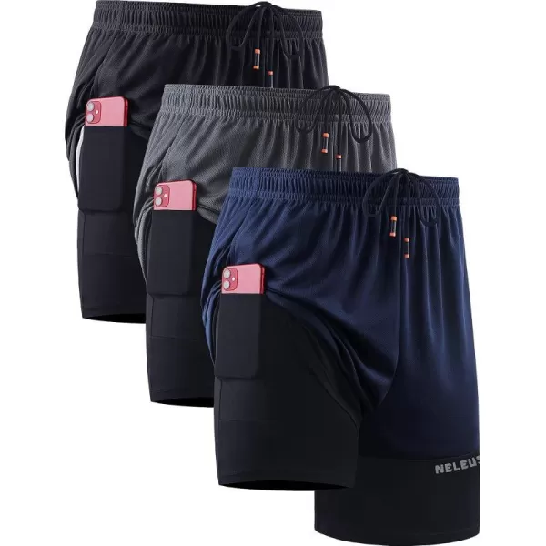 NELEUS Mens 2 in 1 Running Shorts with LinerDry Fit Workout Shorts with Pockets6094 BlackGreyNavy Blue3 Pack