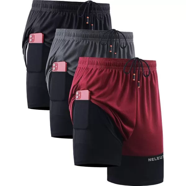 NELEUS Mens 2 in 1 Running Shorts with LinerDry Fit Workout Shorts with Pockets6094 BlackGreyRed3 Pack