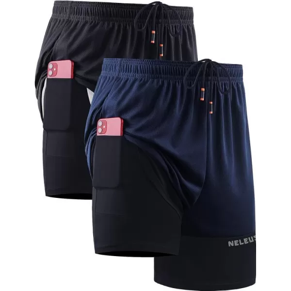 NELEUS Mens 2 in 1 Running Shorts with LinerDry Fit Workout Shorts with Pockets6094 BlackNavy Blue2 Pack