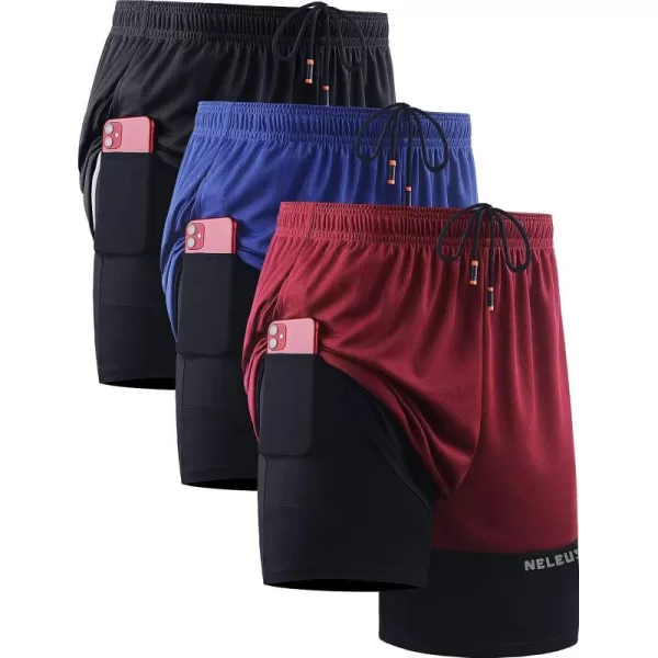 NELEUS Mens 2 in 1 Running Shorts with LinerDry Fit Workout Shorts with Pockets6094 BlackRedBlue3 Pack