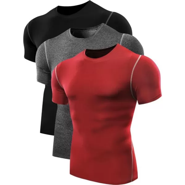 NELEUS Mens 3 Pack Athletic Compression Base Layer Workout Shirt5003 Blackgreyred3 Pack