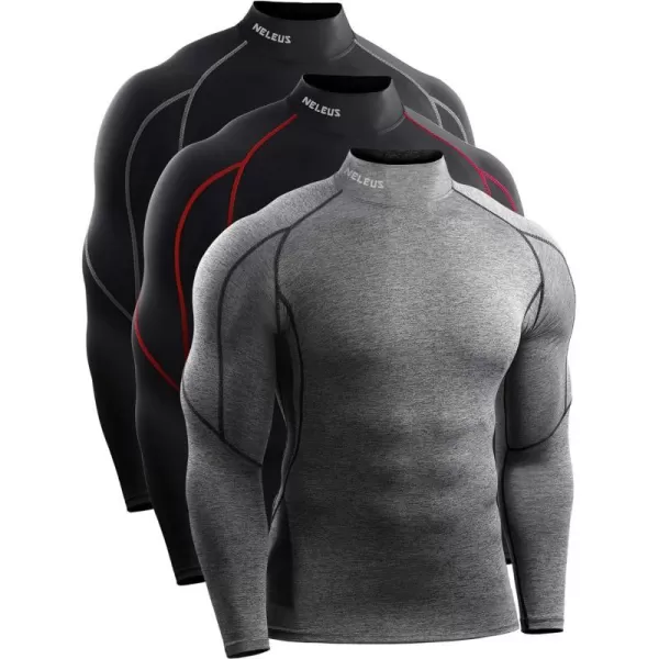 NELEUS Mens 3 Pack Athletic Compression Shirt Running ShirtsHeatlock Mock NeckblackBlackred StripeGrey