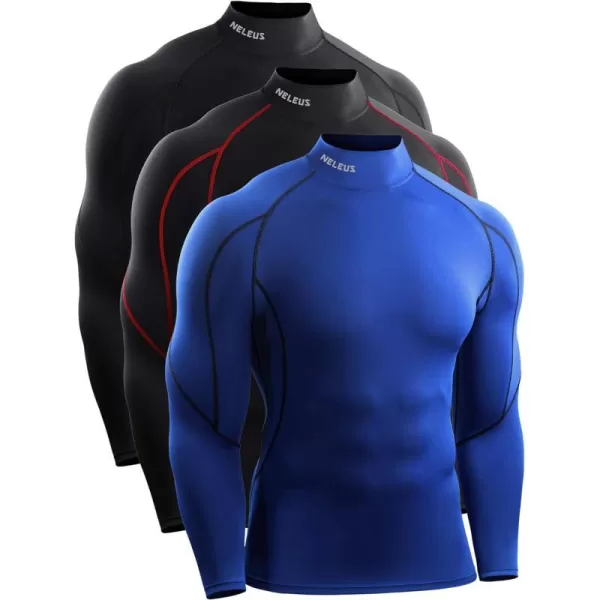 NELEUS Mens 3 Pack Athletic Compression Shirt Running ShirtsHeatlock Mock NeckblackBlueBlackred Stripe