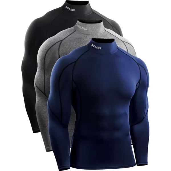 NELEUS Mens 3 Pack Athletic Compression Shirt Running ShirtsHeatlock Mock NeckblackGreyNavy Blue