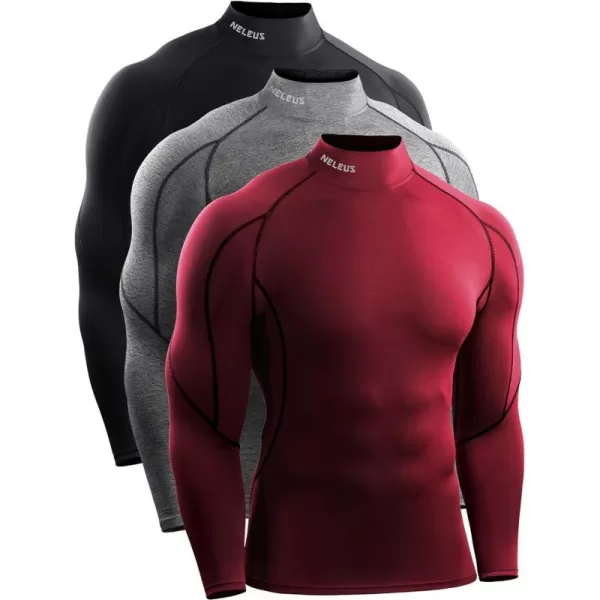 NELEUS Mens 3 Pack Athletic Compression Shirt Running ShirtsHeatlock Mock NeckblackRedGrey