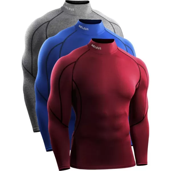 NELEUS Mens 3 Pack Athletic Compression Shirt Running ShirtsHeatlock Mock NeckgreyBlueRed