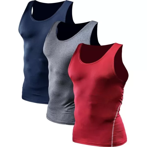 NELEUS Mens 3 Pack Athletic Compression Under Base Layer Sport Tank Top01 3 Packnavy Bluegreyred