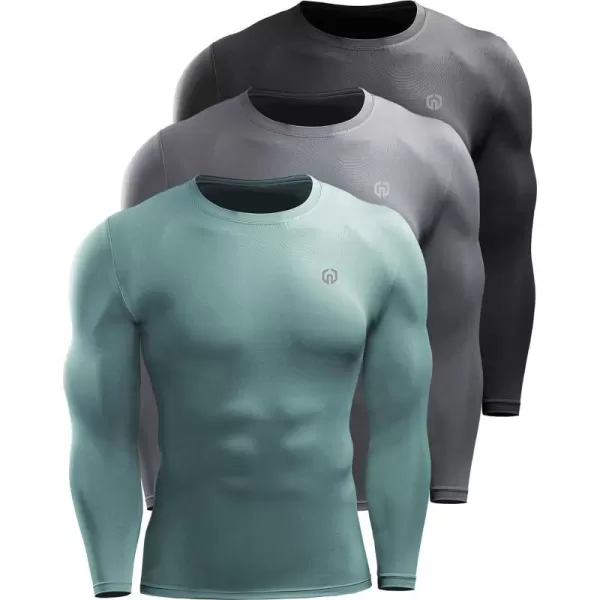 NELEUS Mens 3 Pack Dry Fit Long Sleeve Compression Shirts Workout Running Shirts5020 BlackGreyBlackish Green