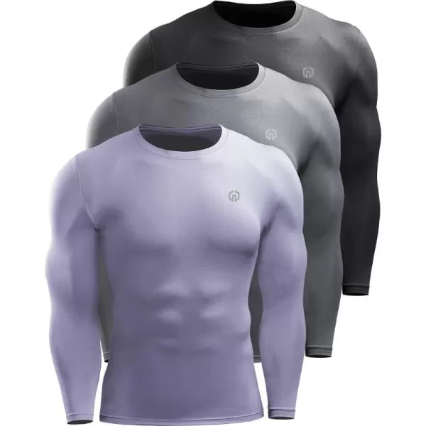 NELEUS Mens 3 Pack Dry Fit Long Sleeve Compression Shirts Workout Running Shirts5020 BlackGreyLight Purple