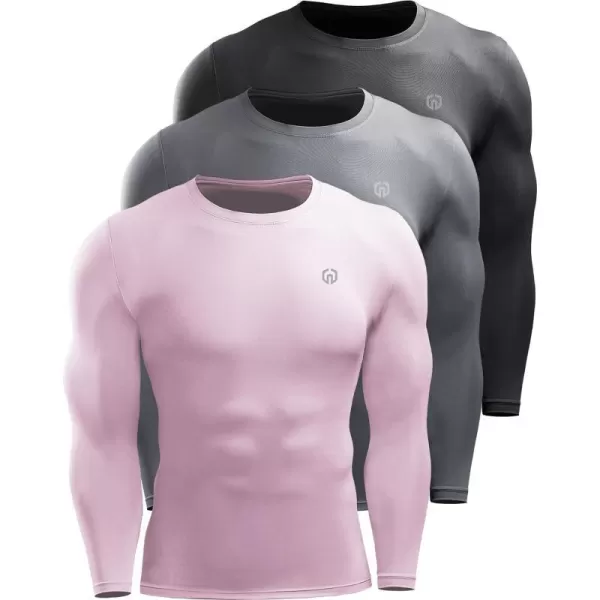 NELEUS Mens 3 Pack Dry Fit Long Sleeve Compression Shirts Workout Running Shirts5020 BlackGreyPink