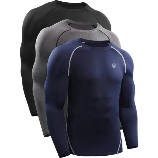 NELEUS Mens 3 Pack Dry Fit Long Sleeve Compression Shirts Workout Running Shirts5035 BlackGreyNavy Blue3 Pack