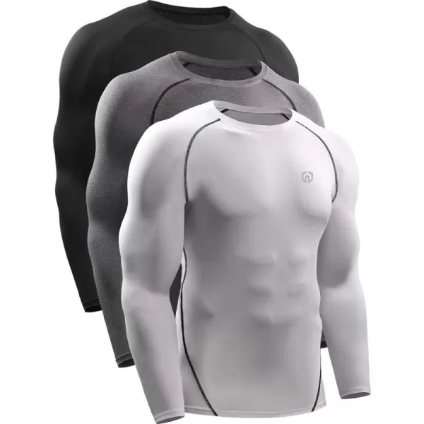 NELEUS Mens 3 Pack Dry Fit Long Sleeve Compression Shirts Workout Running Shirts5035 BlackGreyWhite3 Pack