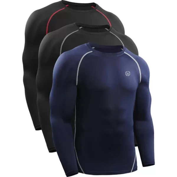 NELEUS Mens 3 Pack Dry Fit Long Sleeve Compression Shirts Workout Running Shirts5035 BlackredBlackgreyNavy Blue3 Pack