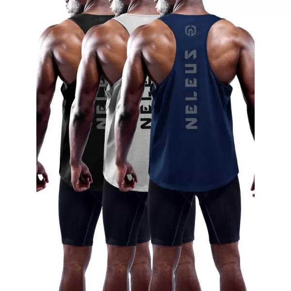 NELEUS Mens 3 Pack Dry Fit YBack Muscle Tank Top5031 3 Pack Blackgreynavy Blue