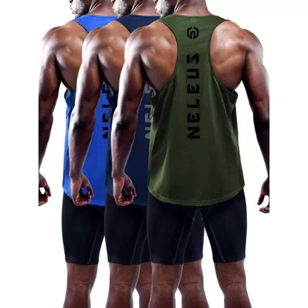 NELEUS Mens 3 Pack Dry Fit YBack Muscle Tank Top5031 3 Pack Olive Greenbluenavy Blue