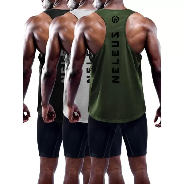 NELEUS Mens 3 Pack Dry Fit YBack Muscle Tank TopBlackGreyOlivegreen