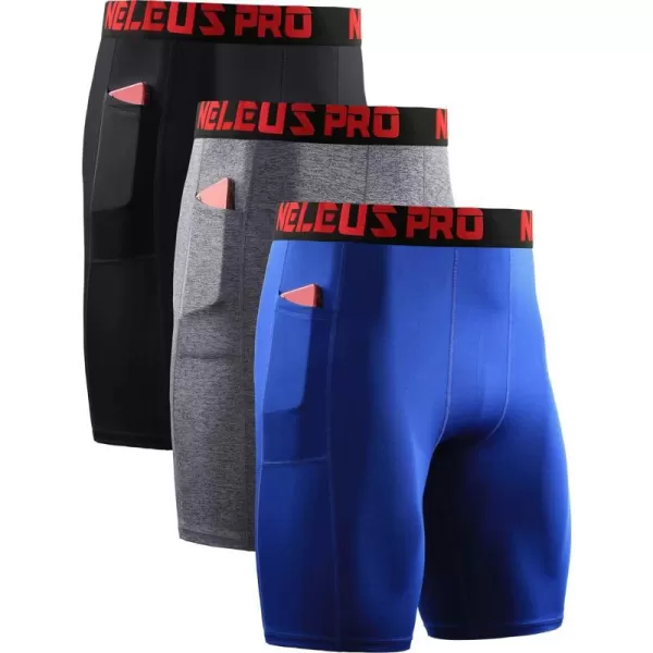 NELEUS Mens 3 Pack Running Compression Shorts with Pockets6064 BlackGreyBlue3 Pack