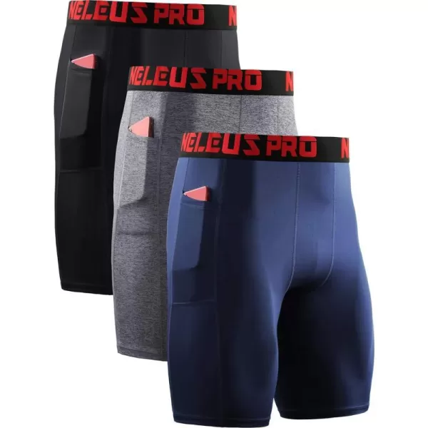 NELEUS Mens 3 Pack Running Compression Shorts with Pockets6064 BlackGreyNavy Blue3 Pack