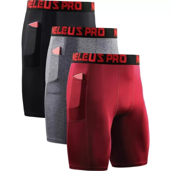 NELEUS Mens 3 Pack Running Compression Shorts with Pockets6064 BlackGreyRed3 Pack