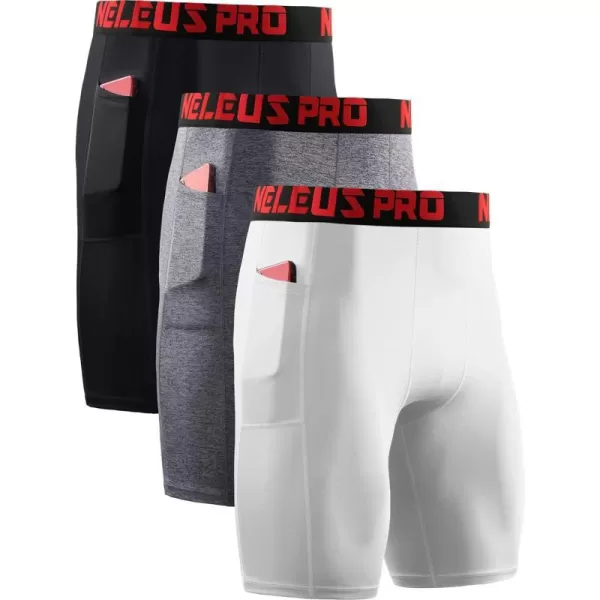 NELEUS Mens 3 Pack Running Compression Shorts with Pockets6064 BlackGreyWhite3 Pack