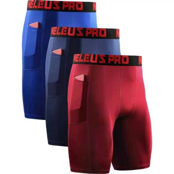 NELEUS Mens 3 Pack Running Compression Shorts with Pockets6064 BlueNavyRed3 Pack