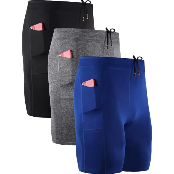 NELEUS Mens 3 Pack Running Compression Shorts with Pockets6072 BlackGreyBlue3 Pack