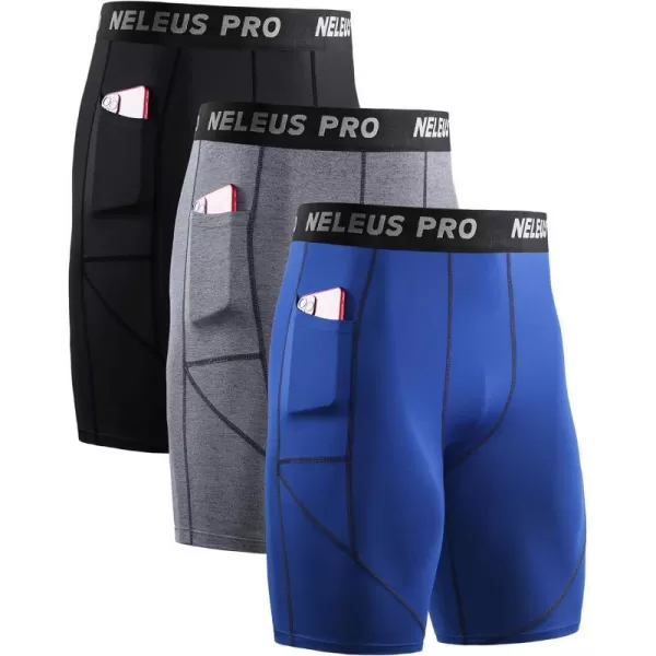 NELEUS Mens 3 Pack Running Compression Shorts with Pockets6082 BlackGreyBlue3 Pack