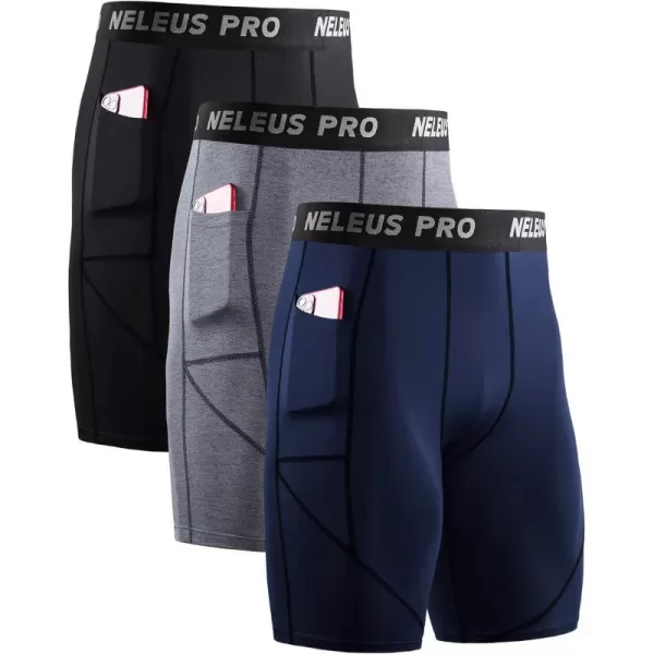 NELEUS Mens 3 Pack Running Compression Shorts with Pockets6082 BlackGreyNavy Blue3 Pack