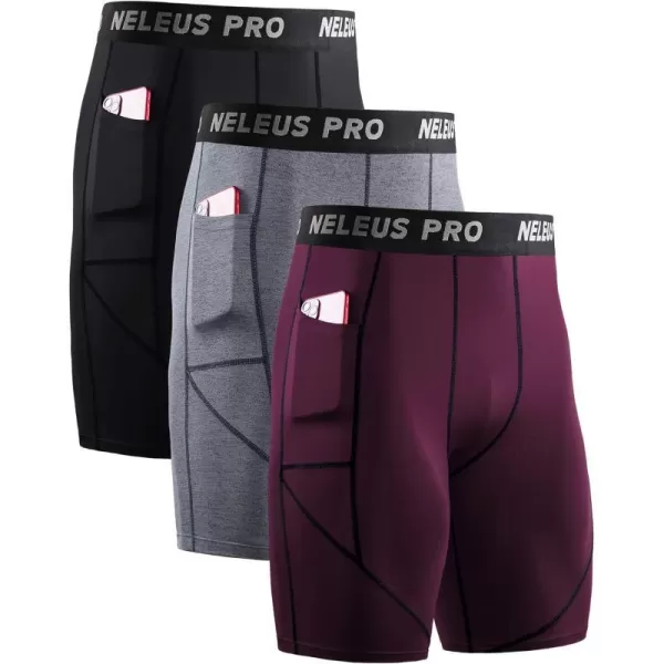 NELEUS Mens 3 Pack Running Compression Shorts with Pockets6082 BlackGreyRed3 Pack