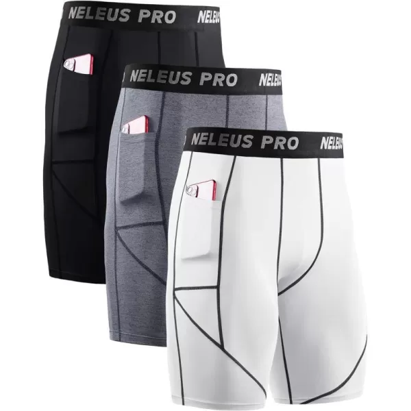 NELEUS Mens 3 Pack Running Compression Shorts with Pockets6082 BlackGreyWhite3 Pack