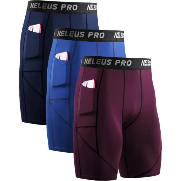 NELEUS Mens 3 Pack Running Compression Shorts with Pockets6082 RedNavyBlue3 Pack