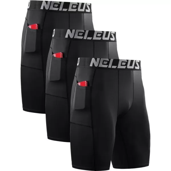 NELEUS Mens 3 Pack Running Compression Shorts with Pockets6087 BlackBlackBlack3 Pack