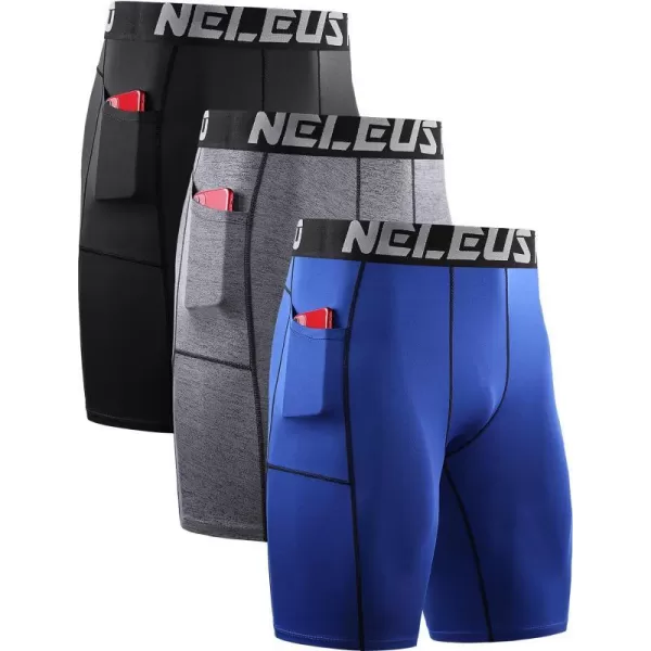 NELEUS Mens 3 Pack Running Compression Shorts with Pockets6087 BlackGreyBlue3 Pack