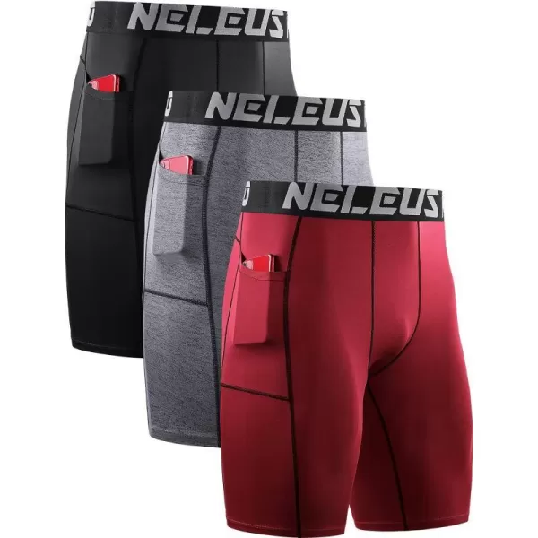 NELEUS Mens 3 Pack Running Compression Shorts with Pockets6087 BlackGreyRed3 Pack