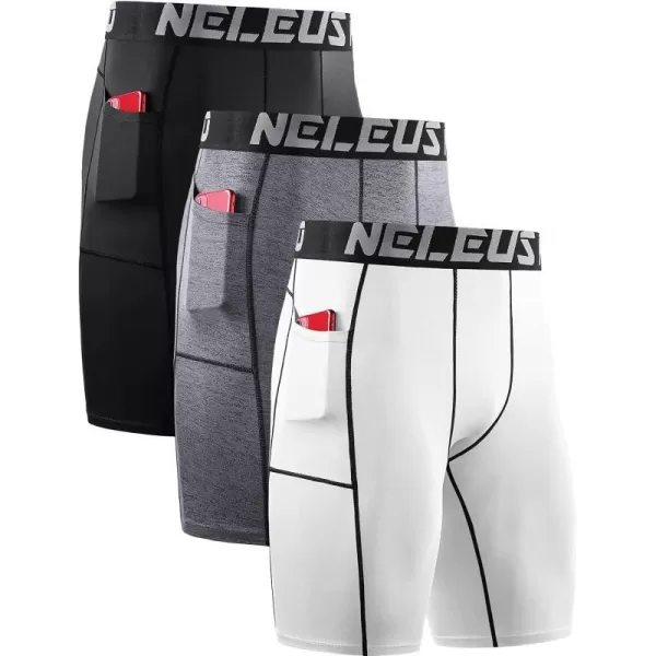 NELEUS Mens 3 Pack Running Compression Shorts with Pockets6087 BlackGreyWhite3 Pack