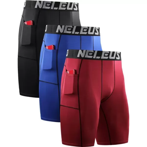 NELEUS Mens 3 Pack Running Compression Shorts with Pockets6087 BlackRedBlue3 Pack