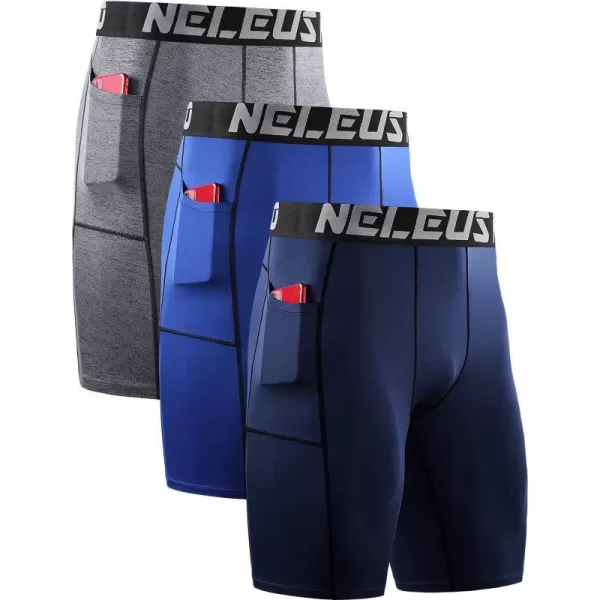 NELEUS Mens 3 Pack Running Compression Shorts with Pockets6087 GreyBlueNavy3 Pack