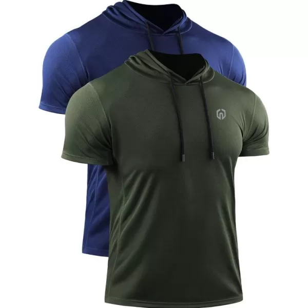 NELEUS Mens 3 Pack Running Shirt Mesh Workout Athletic Shirts with Hoods5084 2 Packnavy BlueOlive Green