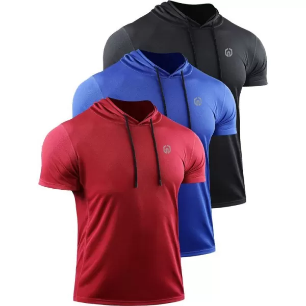 NELEUS Mens 3 Pack Running Shirt Mesh Workout Athletic Shirts with Hoods5084 BlackBlueRed3 Pack