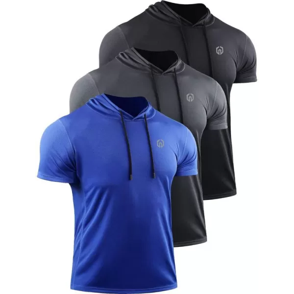 NELEUS Mens 3 Pack Running Shirt Mesh Workout Athletic Shirts with Hoods5084 BlackGreyBlue3 Pack